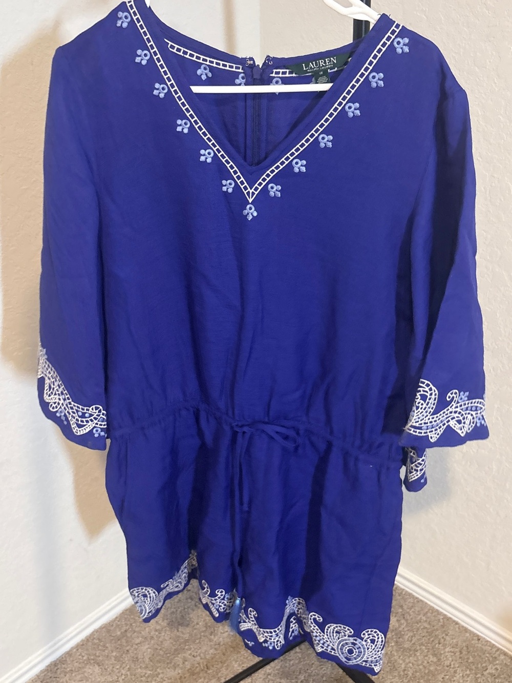 Ralph Lauren Cobalt Blue V-Neck Embroidered Linen Romper